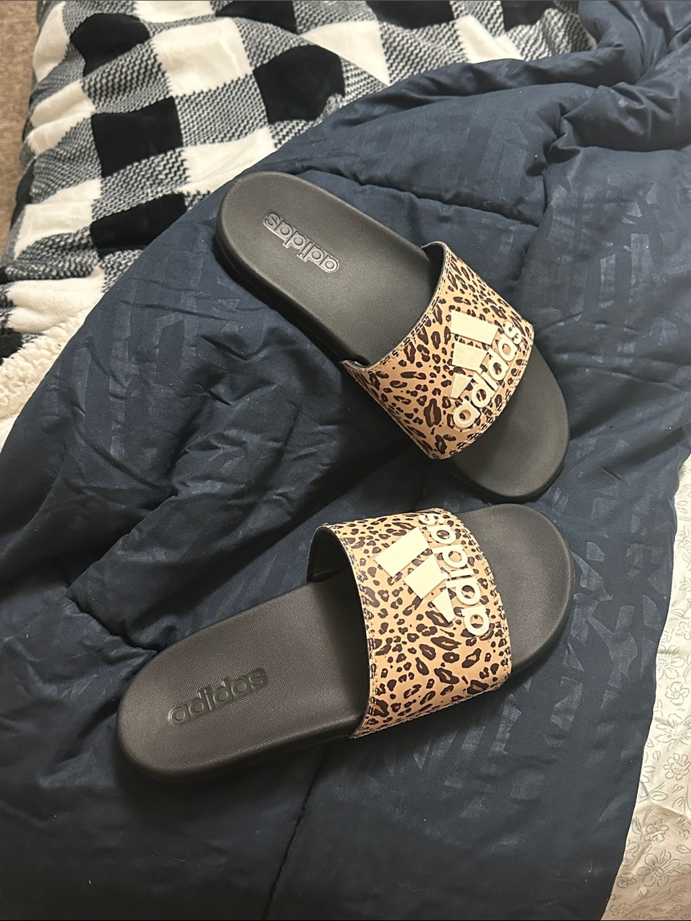 adidas Women's Leopard Print Slide Sandals - Black/Tan